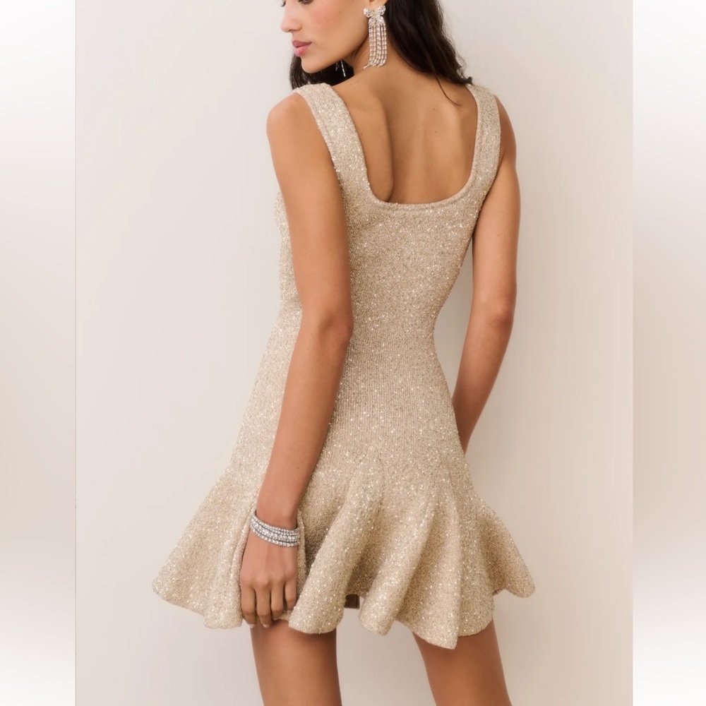 💛LoveShackFancy Sarajane Sequin Stretch Knit Mini Dress Honey Gold
